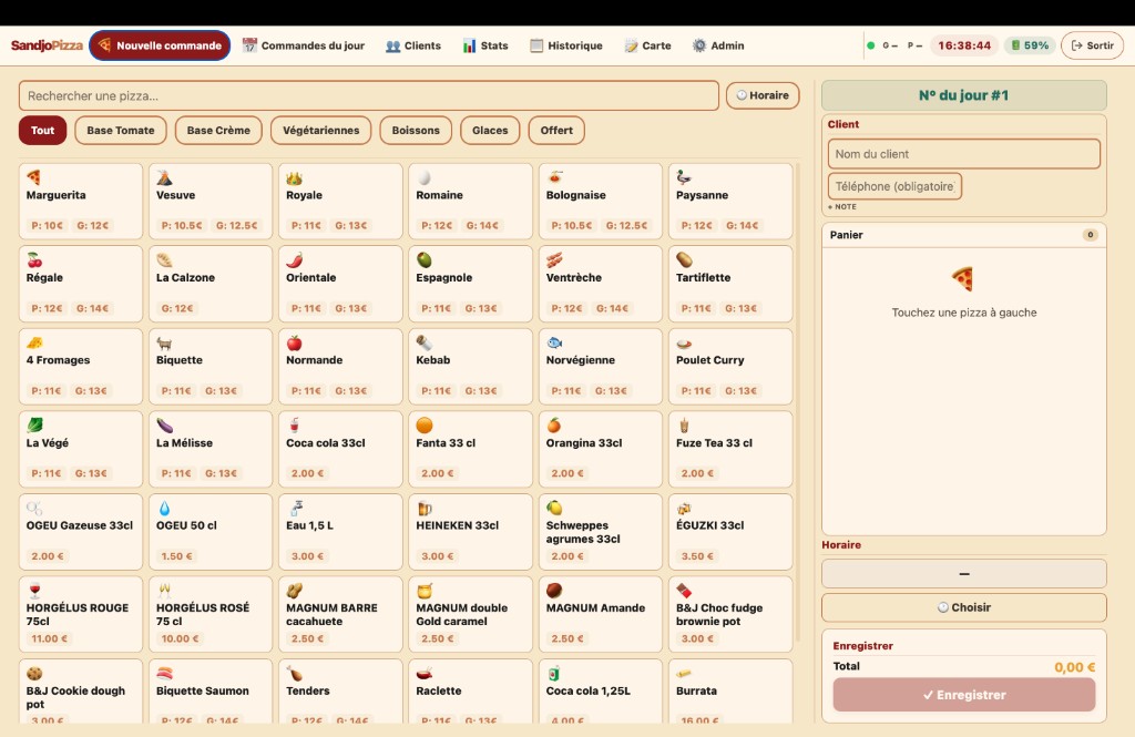 Interface Sandjo Pizza — gestion des commandes